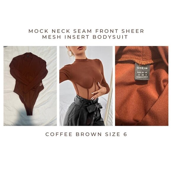 Mock Neck Seam Front Sheer Mesh Insert Bodysuit​​ - Picture 1 of 4